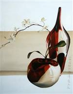Apple, orchid and bottle paintings by Amy Charlesworth