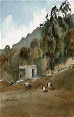 Farm building with sheep painting